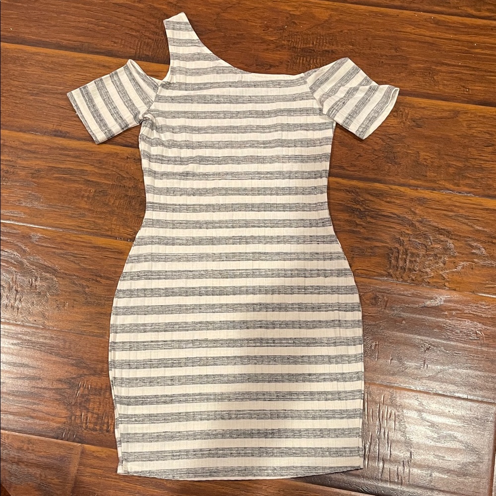 Material Girl One Shoulder Striped Dress - Gray and Cream